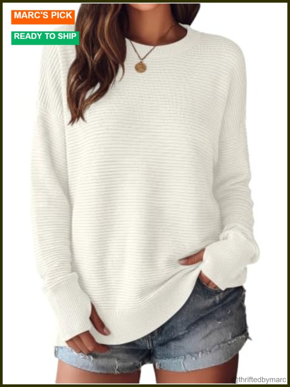 Women's Ribbed Knit Long Sleeve Crew Neck Pullover Sweater with Thumb Holes,